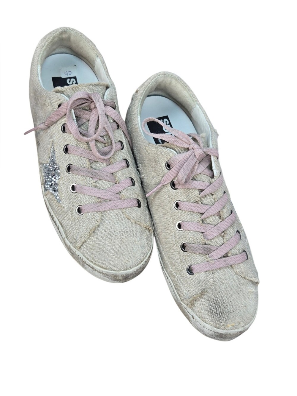 Golden Goose Superstar Distressed Linen Glitter Star Sneakers Pink Laces EU 40 - Picture 8 of 16